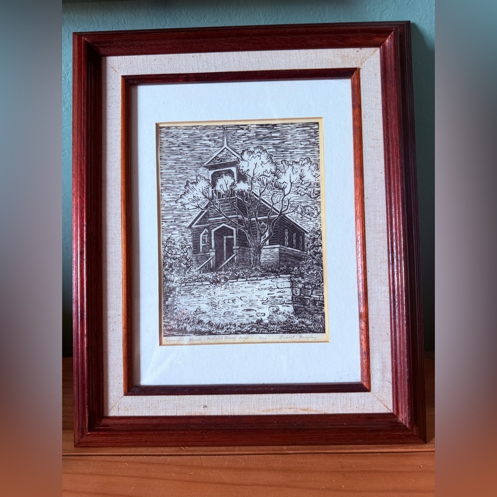 Ernest Beagley Signed Woodcut 1/100 “Community Church, Wrights Ferry, Calif.”